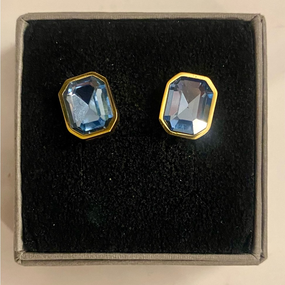 18k Gold Plated Inlaid Square Zircon Earrings - Blue